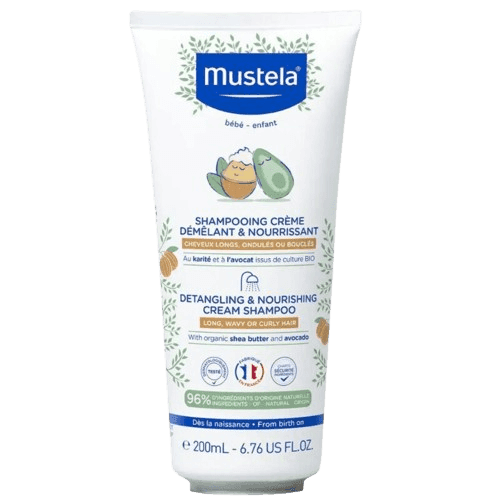 שמפו מזין ומתיר קשרים | לשיער ארוך גלי או מתולתל | לתינוקות | מכיל חמאת שיאה ואבוקדו אוגניים | 200 מל | מוסטלה | MUSTELA |