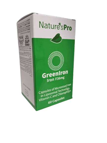 גרינאיירון | כמוסות 36 מג ברזל מיקרוני בטכנולוגיה ליפוזומלית ויטמין סי וכלורופילין | 60 כמוסות | נייצרס פרו
