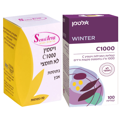 ויטמין C | במינון 1000 | לא חומצי | בתוספת אבץ | מכיל 90 כמוסות | סנסי טבע | ויטמין C | במינון 1000 | מכיל 100 קפליות | לא חומצי | אלטמן