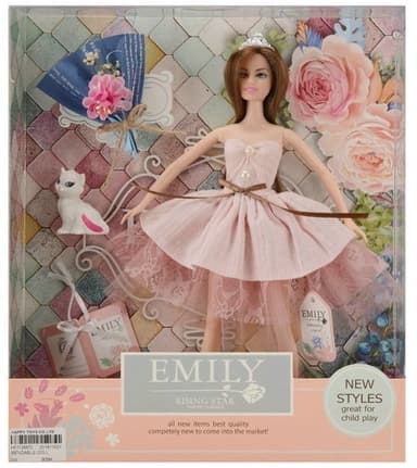 בובת אופנה EMILY עם שמלה מפוארת ורודה חתול וזר פרחים