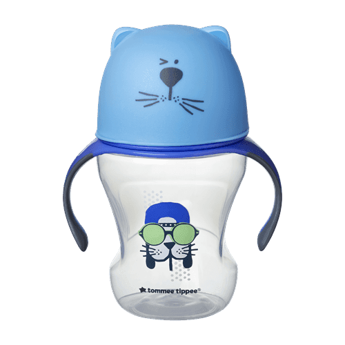 כוס אימון כחולה חתול 230 מ"ל לפעוטות 6m+ עם פיית סיליקון רכה מסדרת Tommee Tippee Soft Sippee