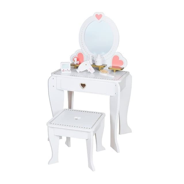 שידת איפור בצבע לבן מעץ MDF כולל מראה, אביזרים ושרפרף