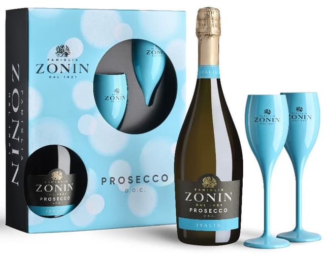 מארז יין לבן מבעבע זונין פרוסקו + זוג כוסות