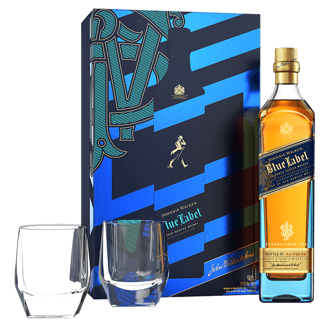 וויסקי ג'וני ווקר בלו לייבל מארז + 2 כוסות