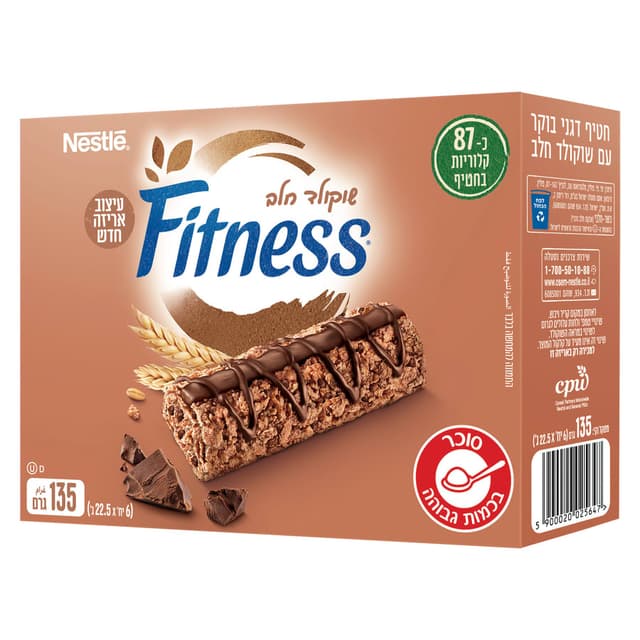 פיטנס - דליס חטיף דגנים שוקולד חלב 6 יח'