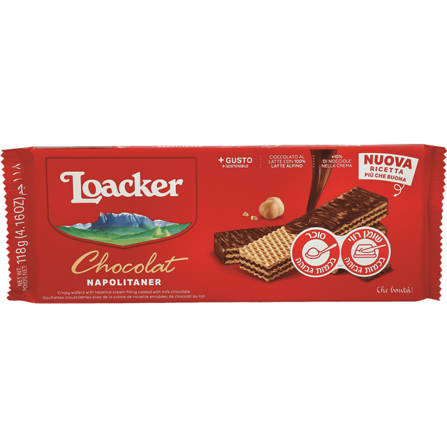 לואקר - וופל במילוי קרם אגוזי לוז בציפוי שוקולד חלב 118 גרם