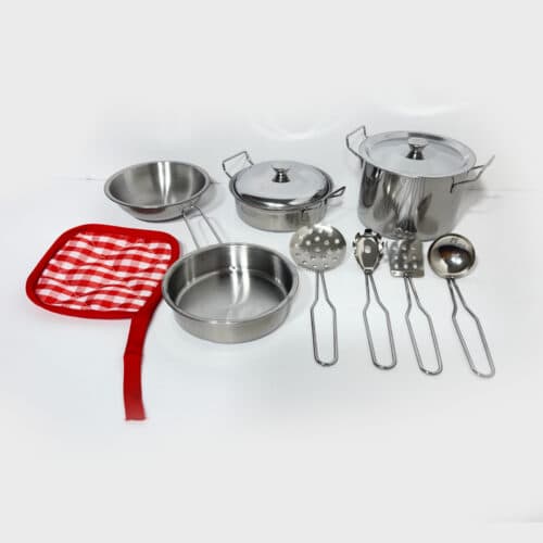 סט כלי מטבח לילדים מנירוסטה הכולל 11חלקים לבישול ואפייה לפיתוח תיאום עין יד, יצירתיות ודמיון.