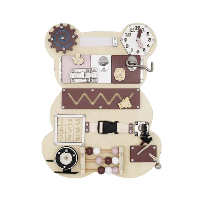 לוח מנעולים מעץ בעיצוב דובי, לקידום למידה ופיתוח מגוון מיומנויות.