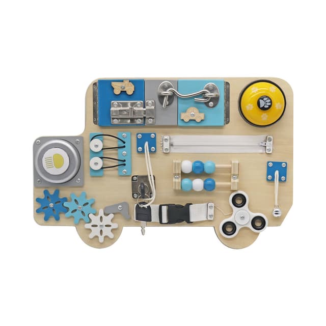 לוח מנעולים מעץ בעיצוב רכב עם אור LED לקידום למידה ופיתוח מגוון מיומנויות.