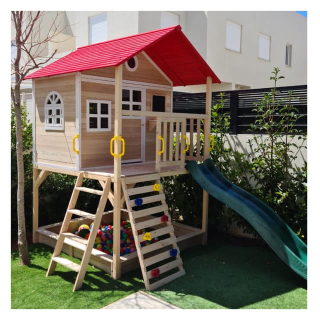 בית עץ לחצר דגם מיאמי - עשוי מעץ אורן איכותי בצבעי עץ ואדום עם מגלשה ומרפסת 245X230X296 - ToySale חנות הצעצועים הזולה במדינה