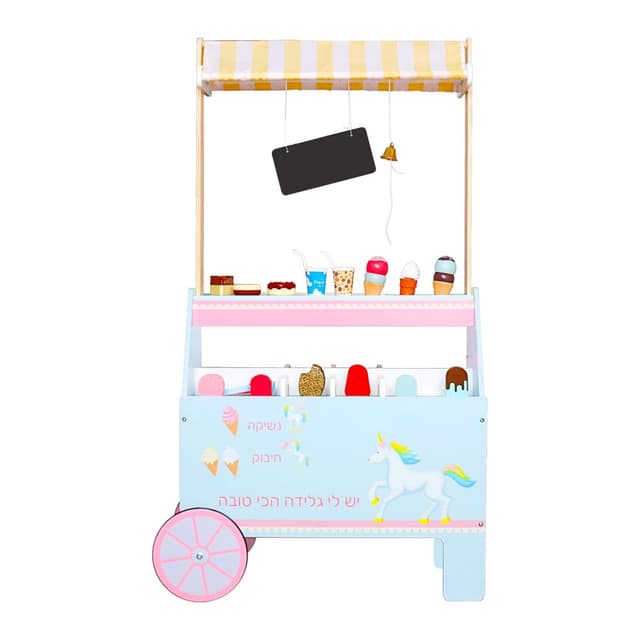 דוכן גלידה מעץ לילדים בצבעי פסטל, כולל 15 אביזרי גלידה, תא אחסון עליון, ידית נשיאה וגלגלים - ToySale חנות הצעצועים הזולה במדינה
