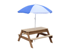 שולחן פיקניק מעץ מלא לילדים לחצר עשוי מעץ אורן איכותי בצבעי עץ כולל מיכלי פלסטיק לאחסון ולמשחק במים או יצירה ושמשיה צבעונית 50X98X95 - ToySale חנות הצעצועים הזולה במדינה