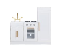 מטבח מעוצב מעץ לילדים , בצבע לבן דגם אלונה עם ארונות אחסון לכלים, כולל מקרר, כיריים, תנור, כיור עם ברז - ToySale חנות הצעצועים הזולה במדינה