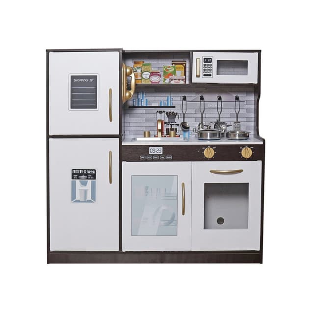 מטבח מעוצב מעץ לילדים , בצבע לבן וחום דגם נועה עם כיריים, מיקרוגל, מקרר, תנור, כיור עם ברז וכלי מטבח. - ToySale חנות הצעצועים הזולה במדינה