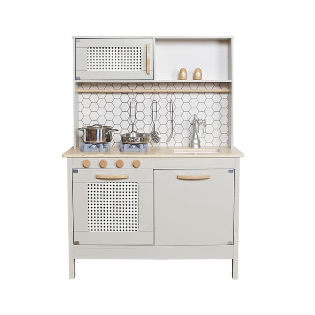מטבח מעץ איכותי לילדים דגם אמיר בצבע אפור, דלתות ראטן כולל כיריים אלקטרוניים - ToySale חנות הצעצועים הזולה במדינה