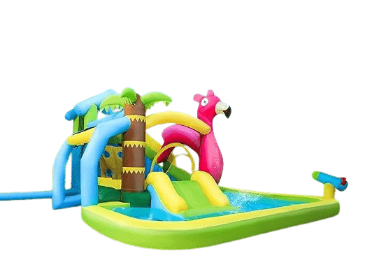 פארק מים לילדים בעיצוב של אי הפלמינגו הכולל קיר טיפוס, בריכה עם מגלשת מים וטרמפולינה עם מגלשת יציאה - ToySale חנות הצעצועים הזולה במדינה