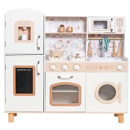 מטבח מעץ מפואר לילדים דגם עומר בצבעי לבן ואפרסק עם כיריים אלקטרוניים, מיקרוגל, תנור, כיור מים ומכונת כביסה - ToySale חנות הצעצועים הזולה במדינה