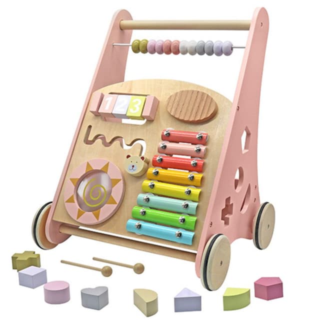 הליכון לתינוקות מעץ מלא בעיצוב צבעי פסטל עם פעלולון ומשחק התאם צורה לשיפור מיומנות הליכה של פעוטות - ToySale חנות הצעצועים הזולה במדינה
