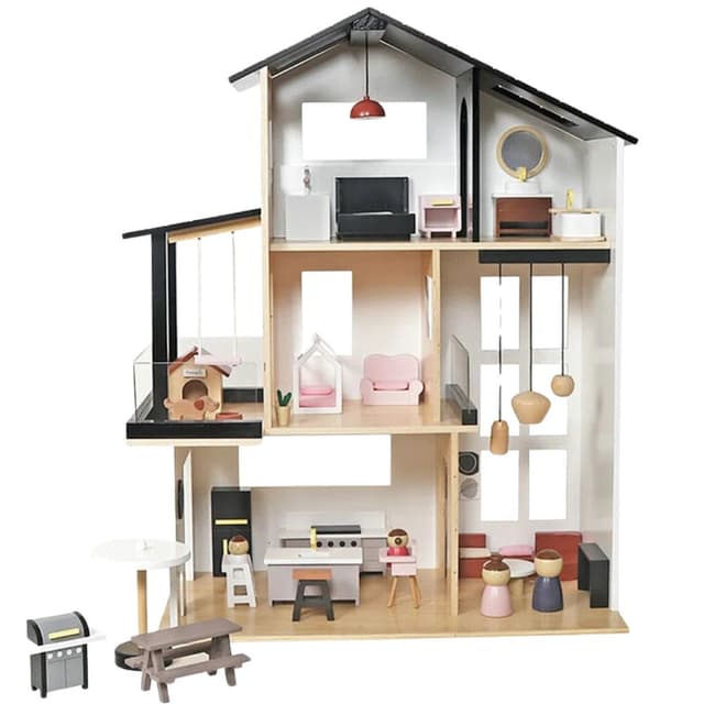 בית בובות דגם אביגיל שלוש קומות בעיצוב רטרו בצבעי עץ טבעי, לבן ושחור כולל ריהוט 27 חלקים מעץ - ToySale חנות הצעצועים הזולה במדינה