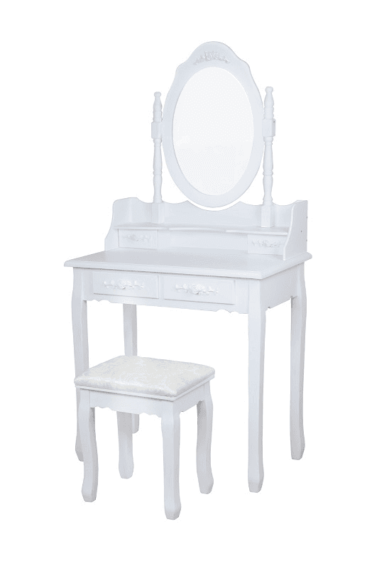 שידת איפור בצבע לבן מעץ מדהימה לילדים דגם נוגה כולל שולחן ושרפרף, מראה ומגירות אחסון - ToySale חנות הצעצועים הזולה במדינה