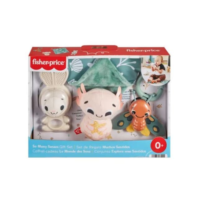 ערכת מתנה הכוללת 4 צעצועי חושים לתינוקות לחיזוק מוטוריקה עדינה מבית Fisher Price - ToySale חנות הצעצועים הזולה במדינה