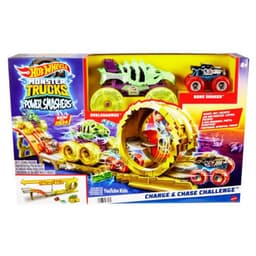 Hot Wheels Monster Trucks Power Smashers מסלול אתגר טעינה ומרדף עם סלסאורוס גדול מימדים, בקנה מידה 1:64 Bone Shaker ו-2 מכוניות מרוסקות - ToySale חנות הצעצועים הזולה במדינה