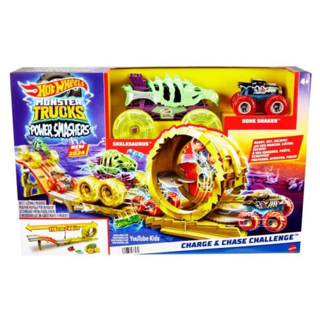 Hot Wheels Monster Trucks Power Smashers מסלול אתגר טעינה ומרדף עם סלסאורוס גדול מימדים, בקנה מידה 1:64 Bone Shaker ו-2 מכוניות מרוסקות - ToySale חנות הצעצועים הזולה במדינה