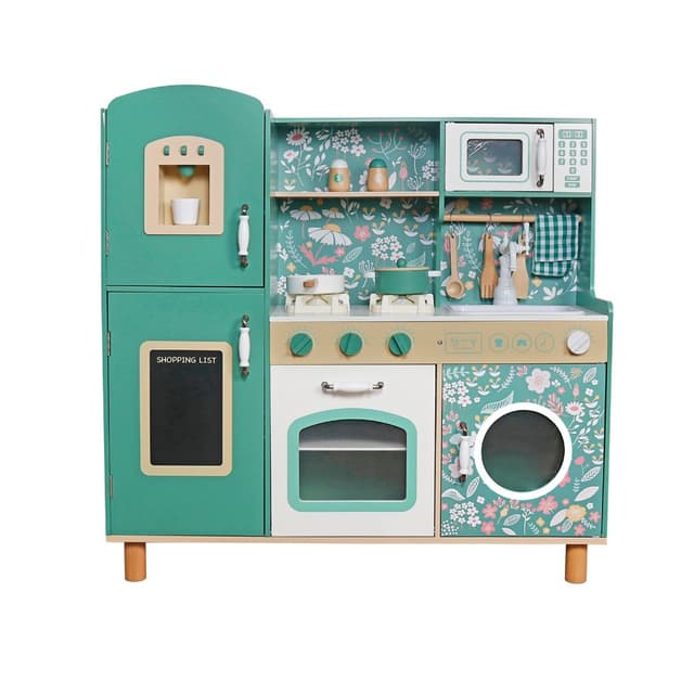 מטבח עץ דגם מיכל לילדים בצבע ירוק – כולל כיריים אלקטרוניות, מקרר, תנור, מיקרוגל ואביזרים - ToySale חנות הצעצועים הזולה במדינה