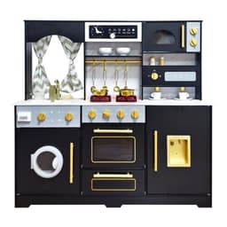 מטבח עץ לילדים דגם אביגיל – בצבע שחור עם כיריים אלקטרוניות, תנור, מיקרוגל, מקרר ומכונת כביסה + אביזרים למטבח - ToySale חנות הצעצועים הזולה במדינה