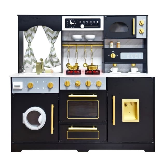 מטבח עץ לילדים דגם אביגיל – בצבע שחור עם כיריים אלקטרוניות, תנור, מיקרוגל, מקרר ומכונת כביסה + אביזרים למטבח - ToySale חנות הצעצועים הזולה במדינה
