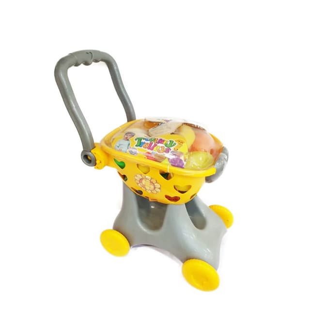 עגלת סופר עם פירות וירקות לילדים בצבעי צהוב אפור, כולל 19 פריטי סופר - ToySale חנות הצעצועים הזולה במדינה