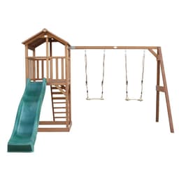 בית מעץ לחצר לילדים דגם טקסס – עם מגלשה ארוכה, נדנדת כפולה וארגז חול - ToySale חנות הצעצועים הזולה במדינה